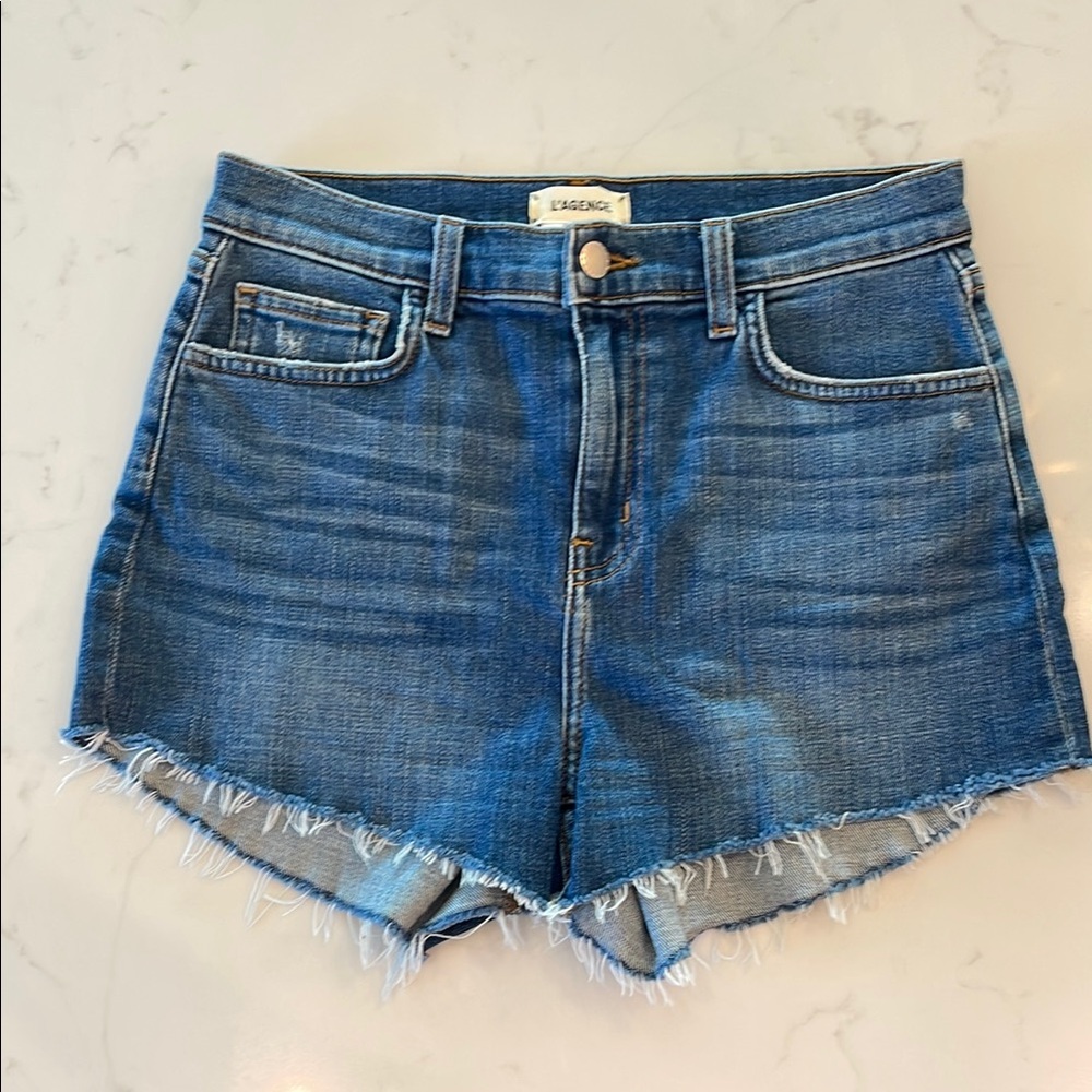 L'AGENCE Blue Jean Shorts with Distressed Hem